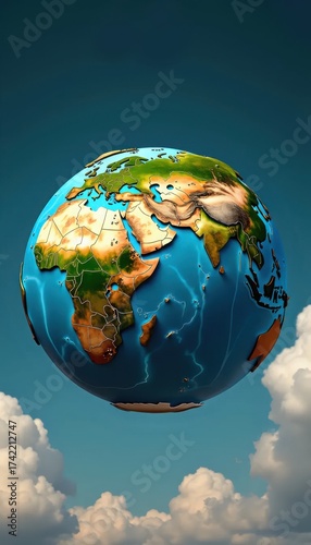 A 3D rendering of a globe in the sky with clouds.