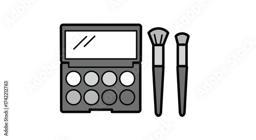 Flat design illustration of an eyeshadow palette with makeup brushes.