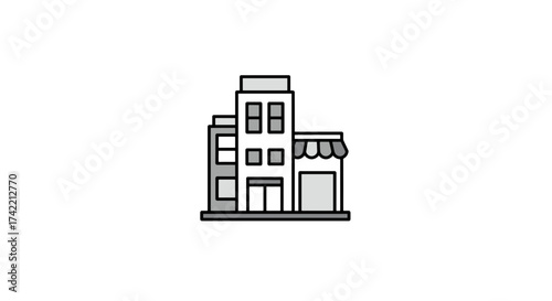 Simple cartoon illustration of a multistory building with an attached shop.