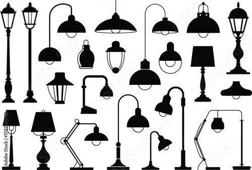 Collection of diverse lamp and lantern silhouettes for interior and exterior lighting design