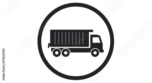 Black and white icon of a heavy duty dump truck for transportation.