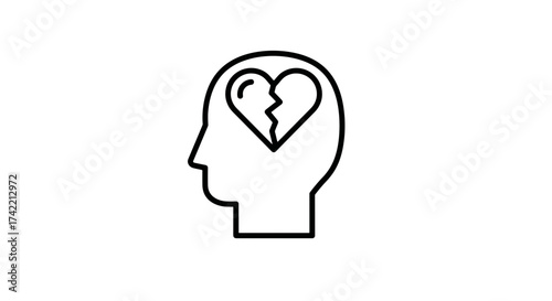 Broken heart inside human head icon representing mental pain and emotional distress.