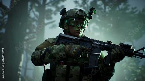 Female Soldier Armed with Assault Rifle in Forest with Soft Backlight