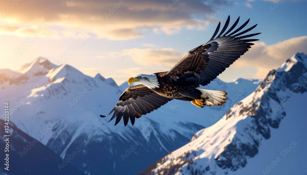 Fototapeta premium Majestic bald eagle soaring above snow-capped mountains at sunrise or sunset