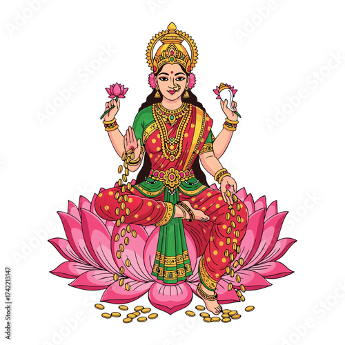 Beautiful vector illustration of Goddess Lakshmi sitting on a pink lotus flower, holding lotus buds and gold coins, traditional Indian religious artwork for Diwali and Hindu culture design