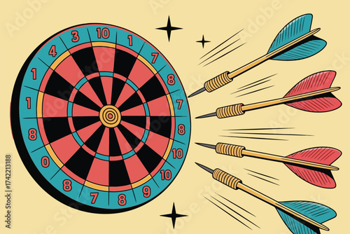 Darts fly towards a colorful target, representing focus and aiming for success.