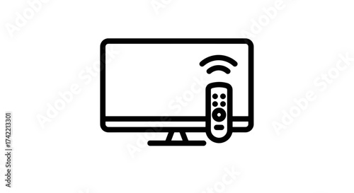 Smart TV with remote control and wireless signal icon for modern entertainment.
