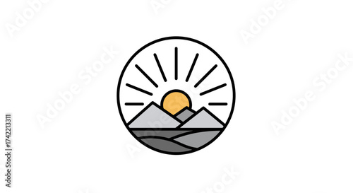 Minimalist Mountain and Sun Landscape Circle Logo Design.