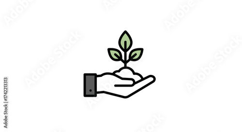 Hand holding a small green plant with soil symbolizing growth and care.