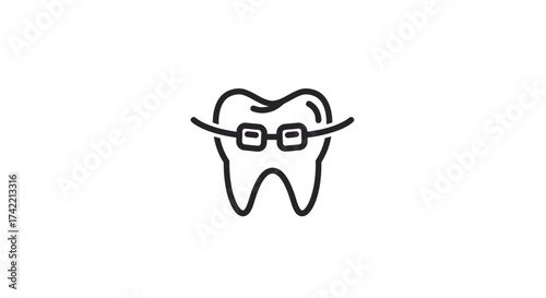 Tooth with dental braces line icon for orthodontics treatment.