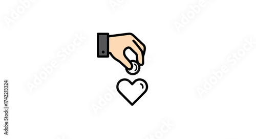 Hand dropping coin into heart icon representing charity and donation.