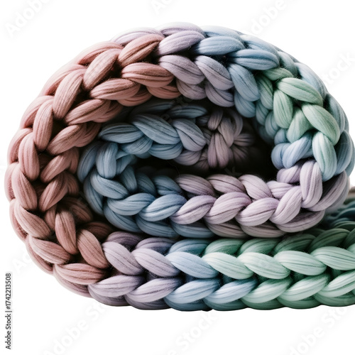 Rolled knitted textile displaying pastel color variations against transparent background