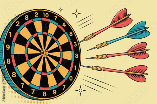 Colorful darts fly towards a target on a game board, aiming for a bullseye.