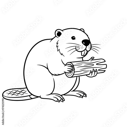 Cute Beaver Holding Wood Log - Simple Black and White Line Art Illustration for Coloring Book, Wildlife, or Educational Design