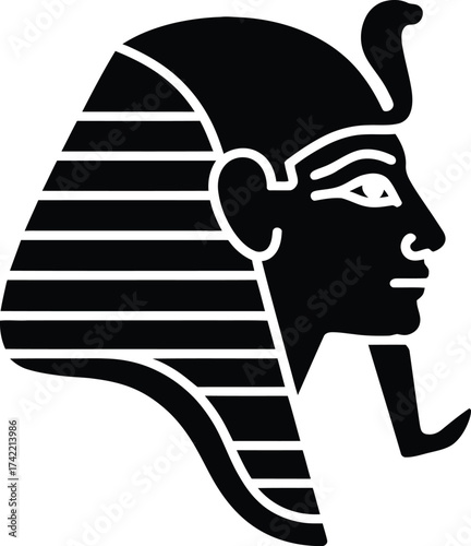 Iconic egyptian pharaoh head silhouette with nemes headdress and cobra symbol