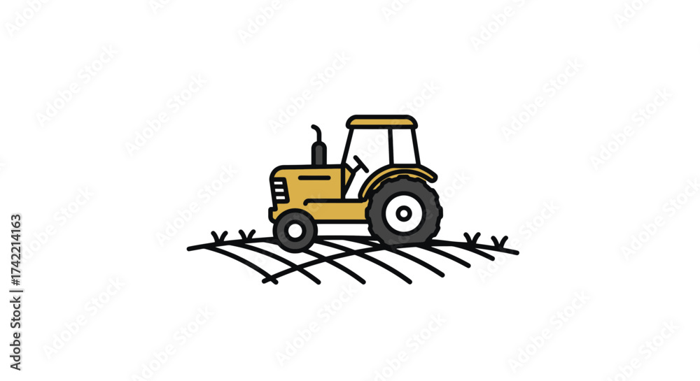 Naklejka premium Yellow tractor working on a farm field illustration.