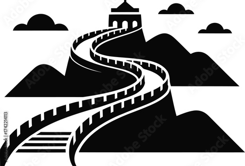 Iconic great wall of china winding over mountainous terrain with watchtower silhouette