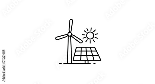 Renewable Energy Sources Icon with Wind Turbine Solar Panel and Sun.