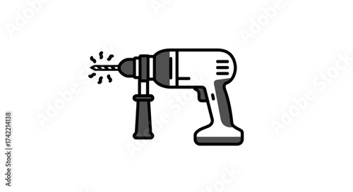Electric power drill icon with sparks construction tool illustration.