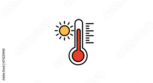 Sun and Thermometer Icon Illustrating High Temperature and Hot Weather.