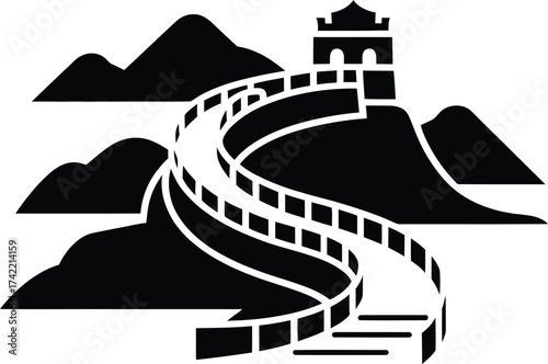Iconic great wall of china winding through mountainous landscape silhouette
