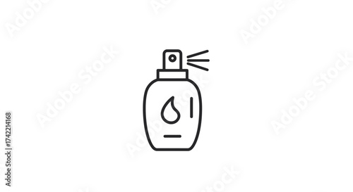 Line art icon of a spray bottle dispensing liquid with a drop symbol.