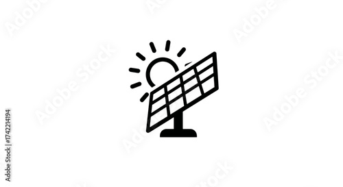 Solar Panel and Sun Icon Representing Renewable Clean Energy Technology.