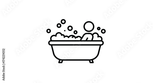 Person taking a relaxing bubble bath in a bathtub icon outline.