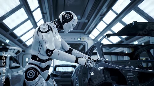White Android Inspecting Car Body in Blue Light Industrial Setting