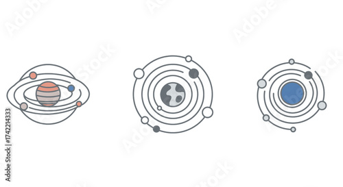 Abstract planetary systems and atomic models vector illustration set.