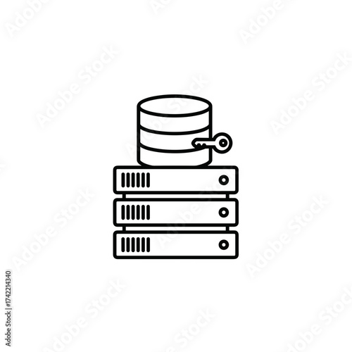Database security illustrated with server stack and key. Database security requires secure hosting of data on servers. Database security is fundamental for logistics, analytics, and e-commerce.