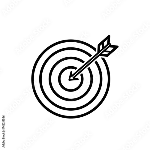 Target icon shown with arrow hitting bullseye, target icon represents hitting strategic goals, perfect marksmanship. Target icon is suitable for indicating project success and goal achievement.