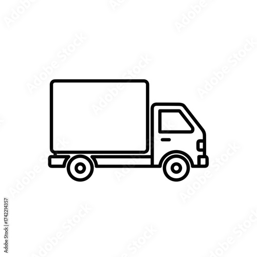 Delivery truck in minimalist outline, illustrating simple transportation. Delivery truck graphic displays vehicle's components, including wheels and cargo area.