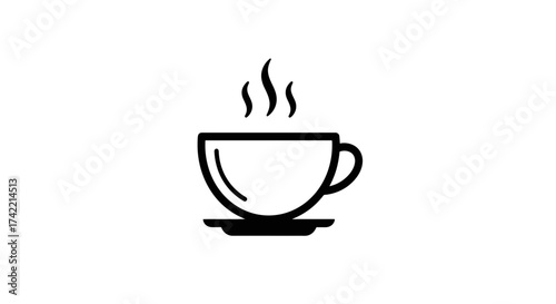 Hot coffee cup icon with steam simple black and white graphic design element.