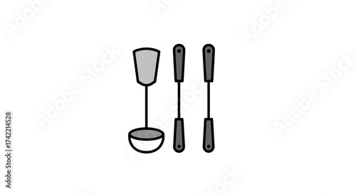 Simple Graphic Illustration of Essential Kitchen Utensils Ladle and Spatulas.