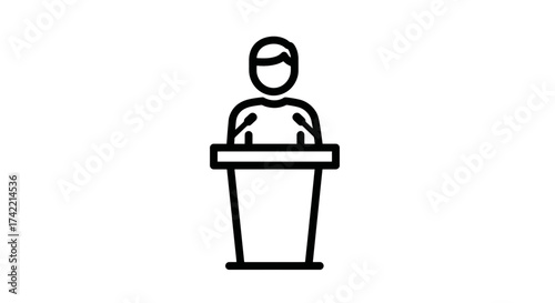 Public speaker icon at podium with microphones representing presentation and communication.