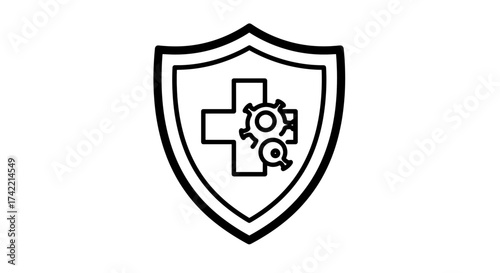 Medical shield icon with cross and gear symbol representing health protection and technological defense against illness.