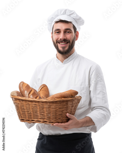 Artisan baker: A smiling baker proudly presents a rustic basket filled with freshly baked bread, radiating warmth and the aroma of home-baked goodness.