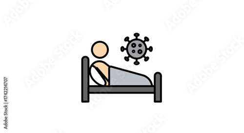 Person resting in bed with virus symbol indicating sickness.