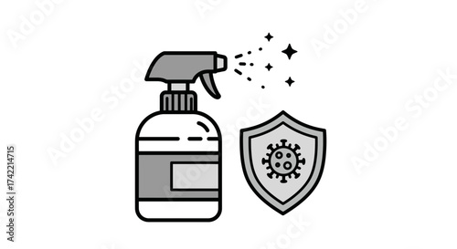 Disinfection Spray Bottle and Virus Protection Shield Icon.