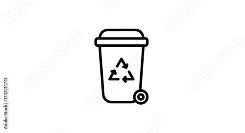 Recycling bin icon with wheels and universal recycling symbol.