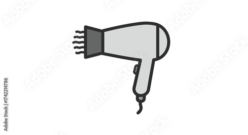 Simple illustration of a light gray hair dryer with wavy lines.