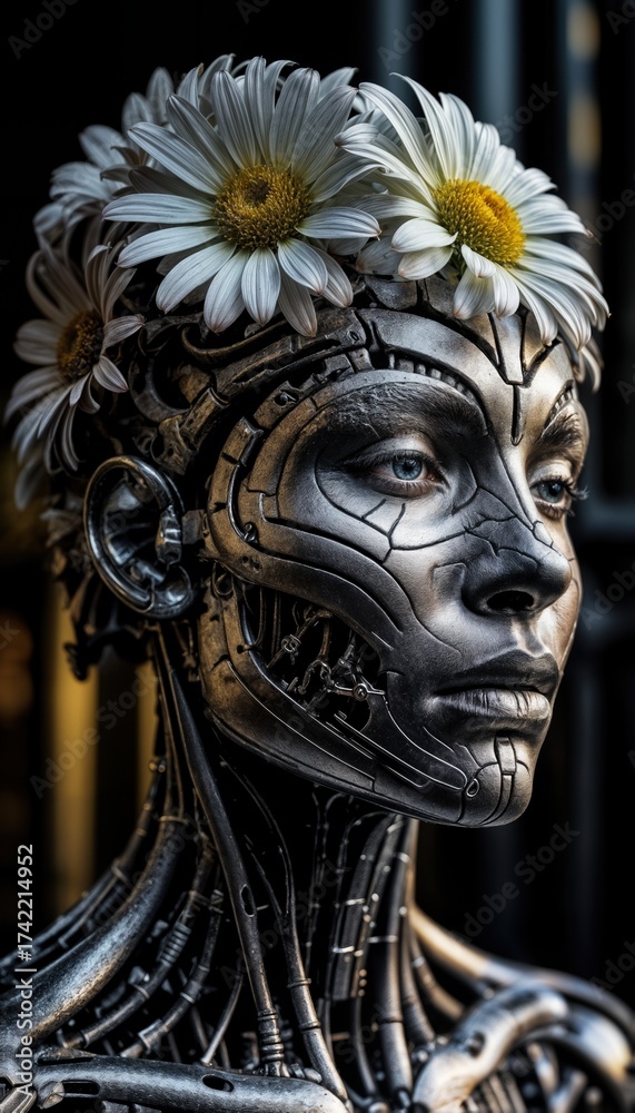 Naklejka premium Robot head decorated with flowers showcases the blend of technology and nature in a striking portrait