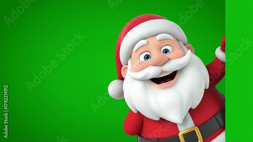 A 3D animated Santa Claus character in a red suit peeks from the side and smiles happily on a green screen background.