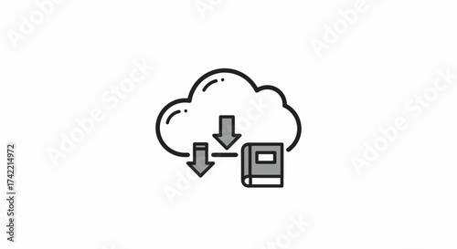 Cloud download to book icon symbolizing digital education and online learning resources.