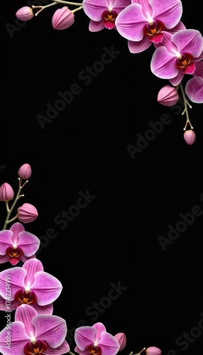 A black background with a bunch of pink orchids on it.