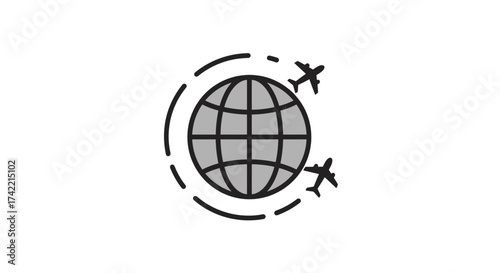 Global travel icon with airplanes circling the earth representing international flights.
