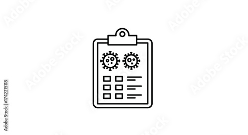 Medical Report Clipboard with Virus Icons and Health Assessment Checklist.