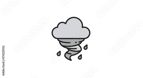 Stylized weather icon depicting a cloud with a tornado and raindrops.