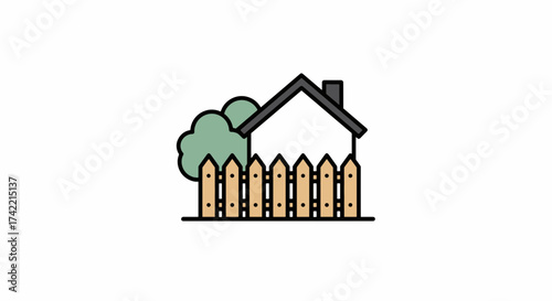 Charming house with picket fence and green tree flat illustration.